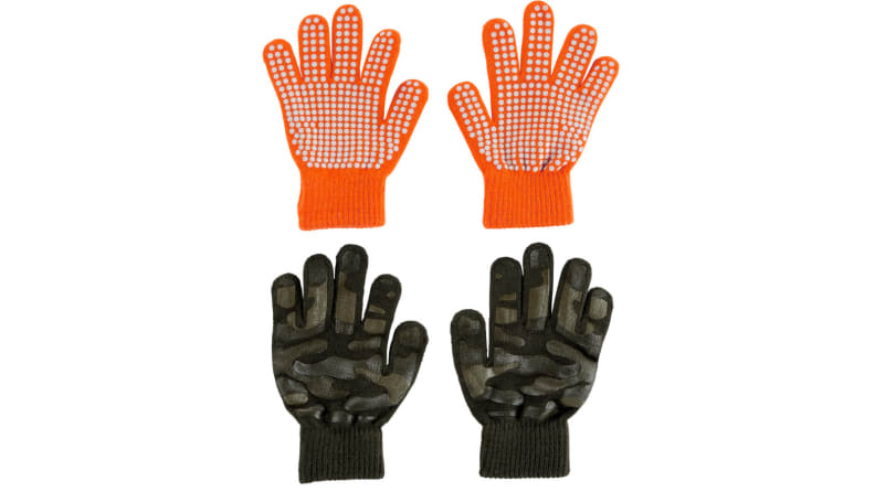 An image of two pairs of child's gloves, one in orange with grips and the other in camo print.
