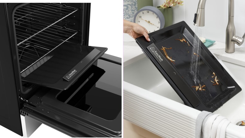 Left: The inside of the GE GRS600AVFS with the bottom tray being removed. Rigth: The bottom tray being washed in a sink.