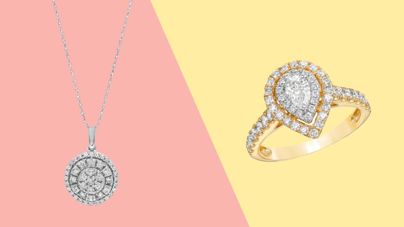 A silver diamond necklace against a pink background on the left. A diamond ring against a yellow background on the right.