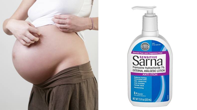 Itchy pregnant woman and lotion