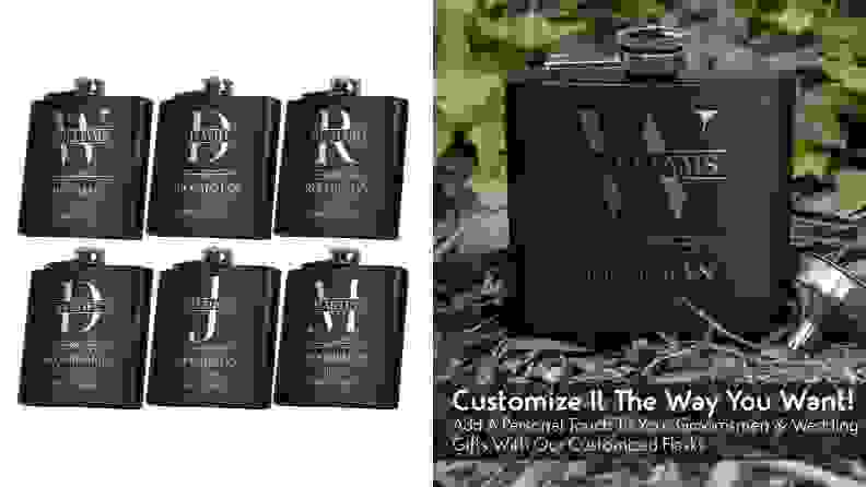 Black colored flasks with personalized writing