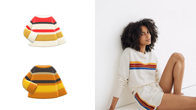 Two striped sweaters from Animal Crossing and one in real life.