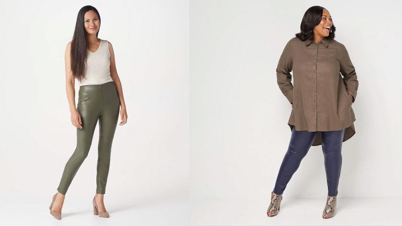 Left: woman in green leather leggings, Right: woman in taupe pullover.