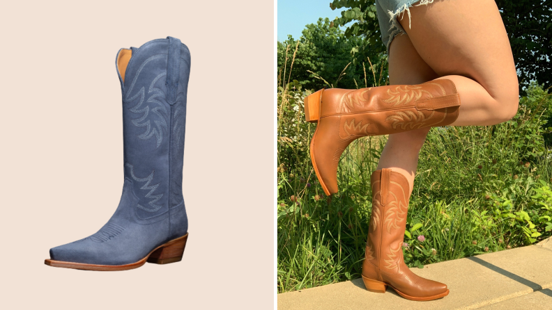 A blue cowboy boot on the left, and the author wearing tan cowboy boots on the right.