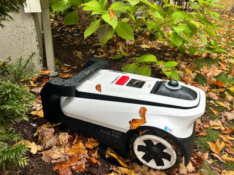 A white robot lawn mower at its dock in a garden