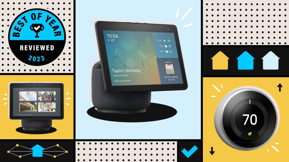 Blue and yellow photo collage showcasing the 3rd generation Amazon Echo Show 10 smart display device with home screen featured, a blue check mark, a row of multicolored cartoon houses and the Nest Learning thermostat with temperature on screen.