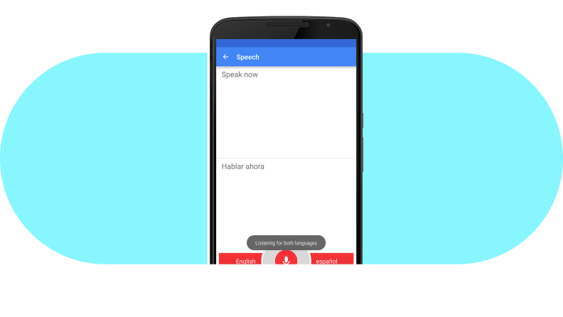 Smartphone with language dictation application on screen.