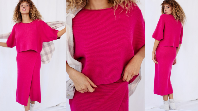 model wearing pink sweater set