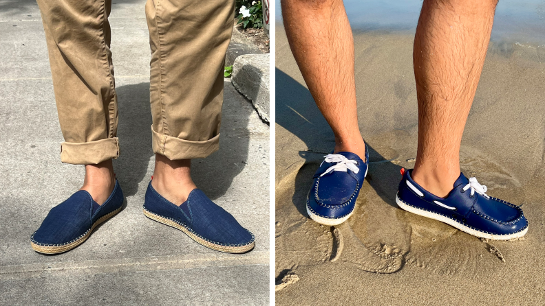 Close-up of the author’s legs wearing khaki pants with the navy Seastar Mariner slip-on espadrille, and also another image of the author wearing the Seastar boat shoes in water on the beach.