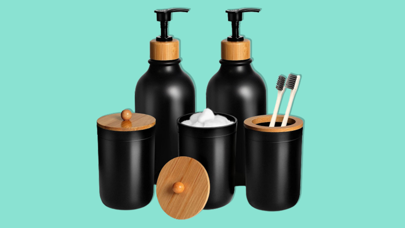 Mierting matte black bathroom accessories on teal background is a college dorm room essential.
