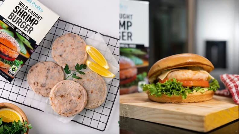 On left, four meat-free patties on top of wire rack. On right, cooked shrimp burger on top of wooden cutting board.