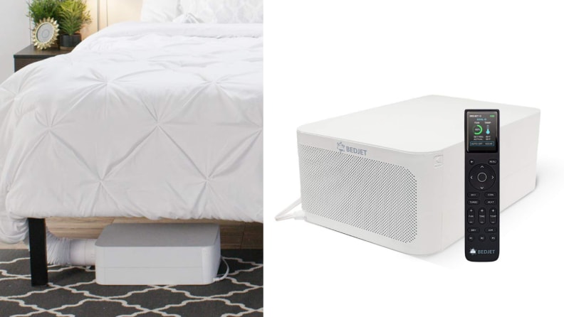 a bed jet fan shown under a bed next to a close up image of the device