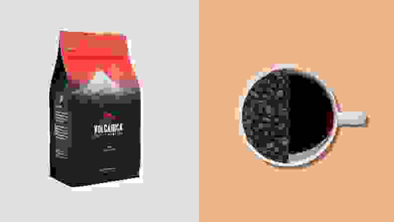 A split image of a Volcanica Coffee package and a mug filled half-and-half with beans and grounds.