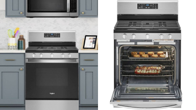A close up look at the top of the range, which includes a five-burner cooktop and a gas convection oven. The front-control range has a display pad with touchscreen, as well as six knobs to adjust the temperature.