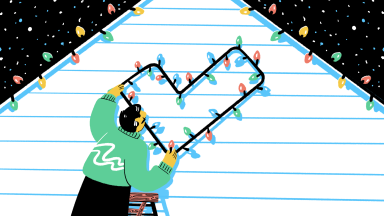 An illustration of a person hanging checkmark shaped Christmas lights on the side of a house.