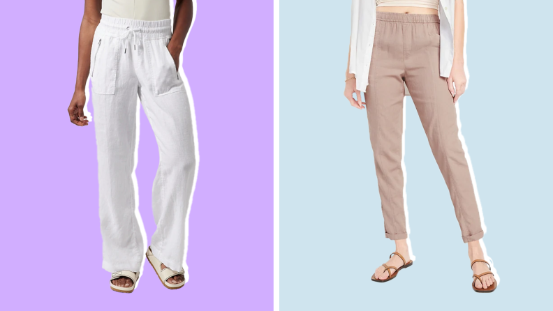 On left, model displaying wide-leg, white linen pants. On right, model displaying tan cropped linen pants.