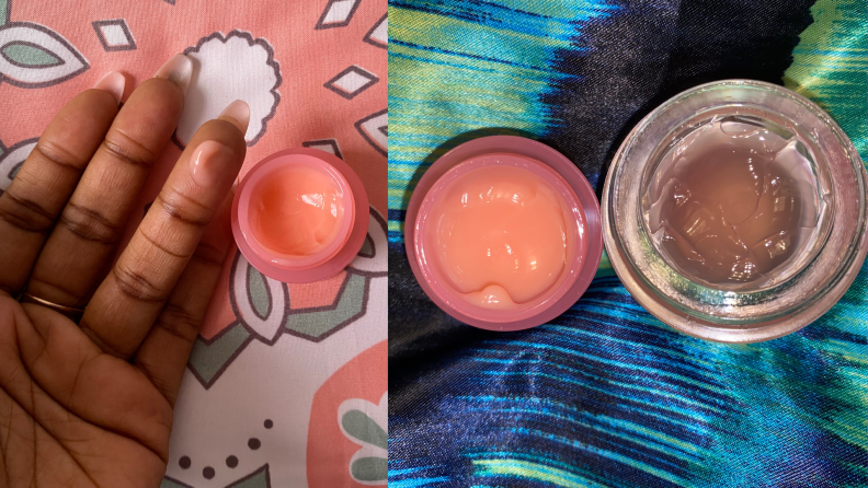 The Laneige Lip Sleeping Mask next to the Tatcha Kissu Lip Mask and a swatch of the Laneige Lip Sleeping Mask.