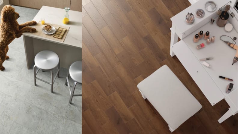 Two overhead shots with different types of flooring. One flooring is fake marbe tile and another is hardwood floors.