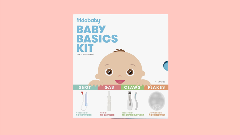 Front view of the package for the Frida Baby basics kit, featuring a smiling cartoon baby resting their pudgy hands on a diagram with the words "Snot," "Gas," "Claws," and "Flakes" with photo illustrations of related cleaning instruments underneath.