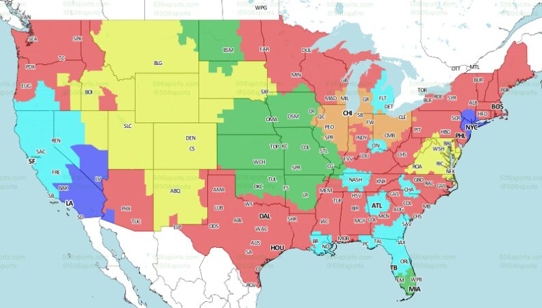 A typical broadcast map from 506sports.com shows how CBS' broadcast plans differ from market to market across the country.