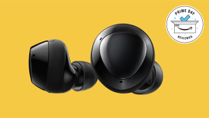 A close-up of the Samsung Galaxy Buds+ true wireless earbuds against a yellow background
