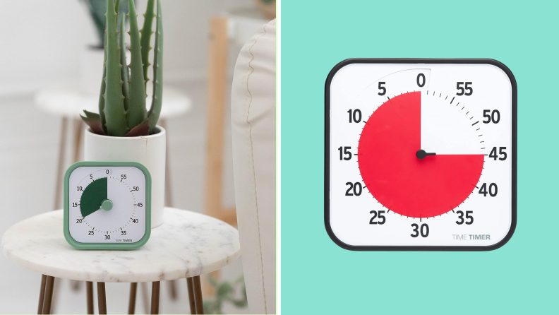 A side-by-side image of an alarm clock by Time Timer resting on a white stool with a succulent sitting behind it and another alarm clock by Time Timer in the color red on a teal background.
