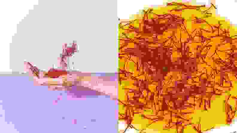 Left: A person throws a handful of saffron into the air against a wall that's half white and half purple. Right: A close-up image of saffron threads in oil.