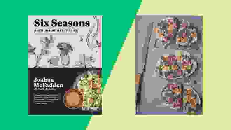 Front and back of cookbook cover that have food artwork.