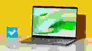 The Acer Chromebook Spin 714 in front of a yellow background.