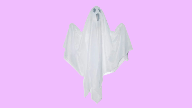 An image of a ghost decoration made from a white sheet.