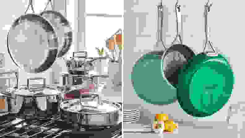 On left, Sur La Table's full set of stainless steel cookware sitting on and around a stove. On right, three nonstick Sur La Table skillets hanging from the ceiling.