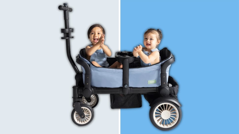 A pair of babies riding in the Joey Wagon.