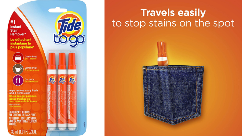 On the left, there’s a package containing three Tide-to-Go pens. On the right, an orange ad reads: “Travels easily to stop stains on the spot.”
