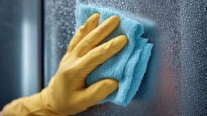 A person wearing gloves wipes a stainless-steel fridge with a microfiber towel.