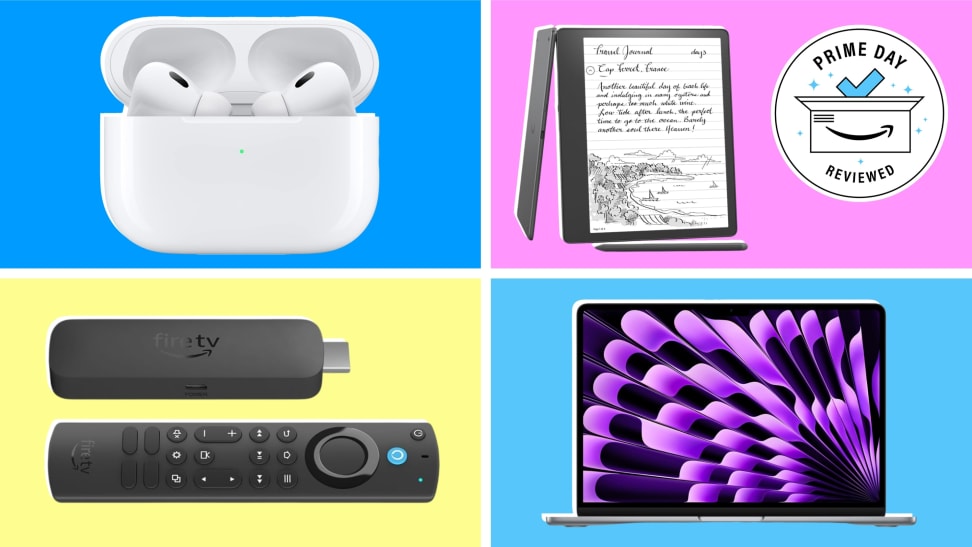 Apple AirPod Pro, a Kindle Scribe, Kindle Firestick 4k and MacBook Air on a color block background.