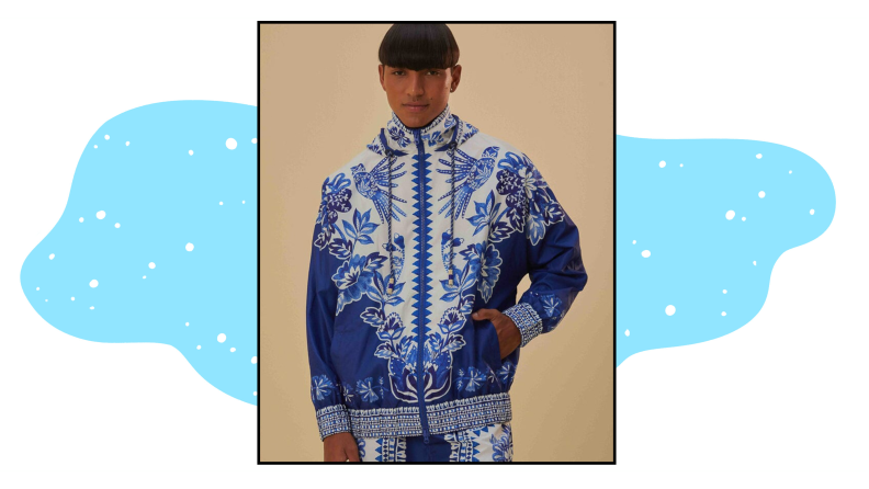 A jacket printed with blue and white patterns.