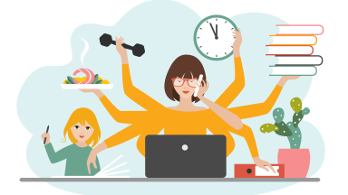 An illustration of a mom with lots of arms trying to juggle all of her tasks