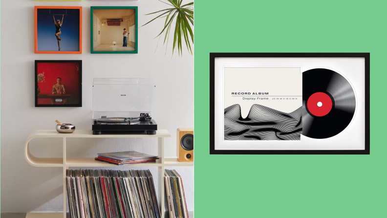 Photo collage of the several vinyl records mounted on the wall above a record player. On right, product shot of the MCS Double Groove Record Album Frame.