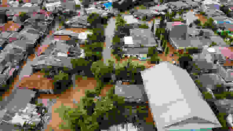 Aerial view of the flooding in a neighborhood after a hurricane.