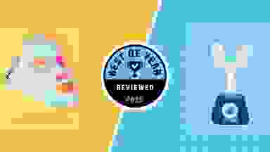 Reviewed 2025 best of beauty award winners Qure and Y-brush on yellow and blue background