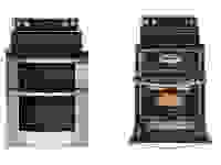 Two silhouetted images of a double oven electric range, one with the oven doors open (right) and the other closed (left).