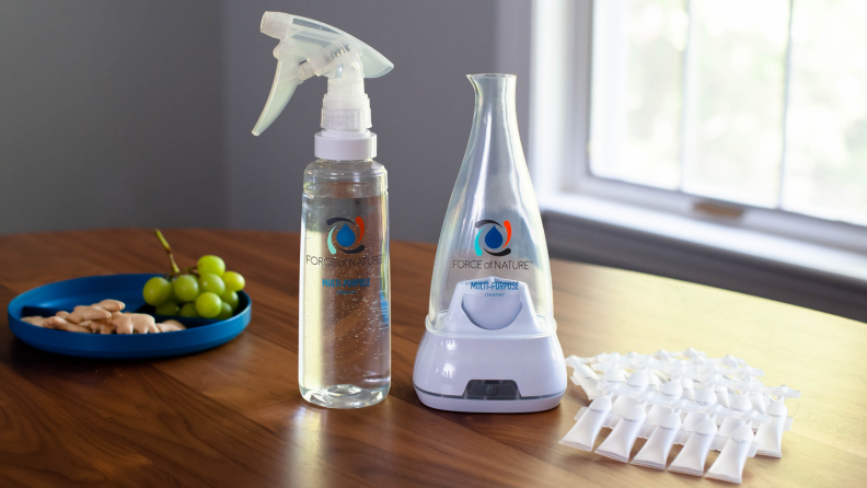 The equipment included with Force of Nature's multi-purpose cleaner includes a base, activator capsules and an Electrolyzer appliance.