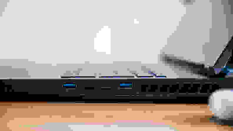 Close up of the side connectivity ports on a laptop.