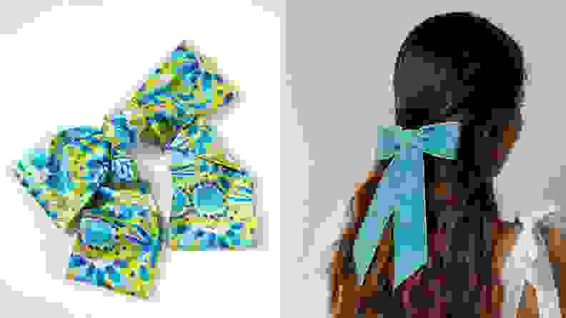 On the left: A blue and green patterned hair ribbon sits on a white background. On the right: The back of a person's head with a blue ribbon tied in their long, dark brown hair.