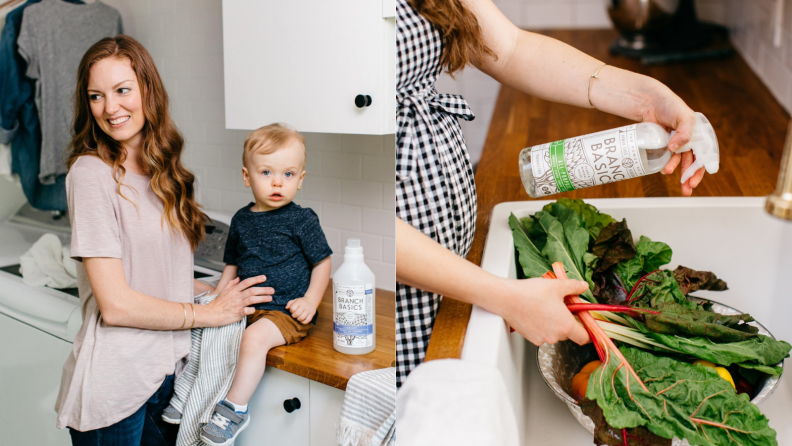 On left, woman holding her child on countertop next to a Branch Basic laundry bottle, on right woman spraying vegetables in sink with Branch Basics all purpose cleaner