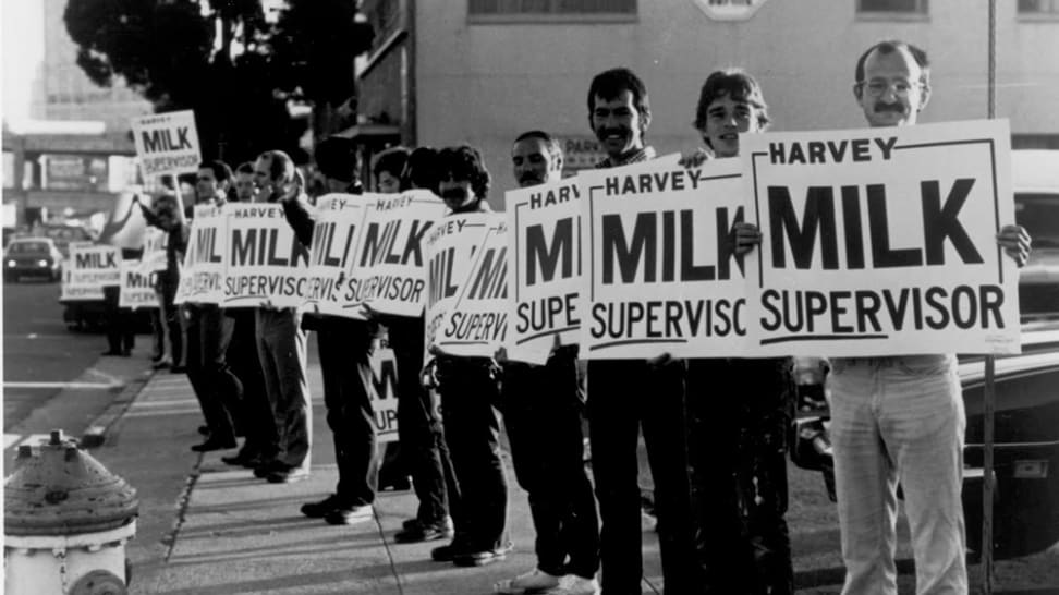 An image of people canvassing for Harvey Milk, which is a still from the documentary "The Times of Harvey Milk."
