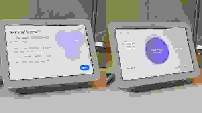 a side by side showing how sleep sensing on the Nest hub gathers data and an example of its display