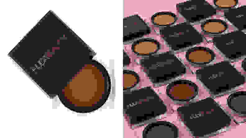 On the left: The Huda Beauty Tantour Contour & Bronzer Cream in a dark colored brown shade sits with its lid off on a white background. On the right: A bunch of Huda Beauty Tantour Contour & Bronzer Creams lay like a checker board with their lids alternating between on and off on a pink background.