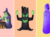 From left to right: Witches stirring a cauldron inflatables on a pink background, a spooky black tree inflatable on an orange background, and a purple ghost inflatable on a yellow background.