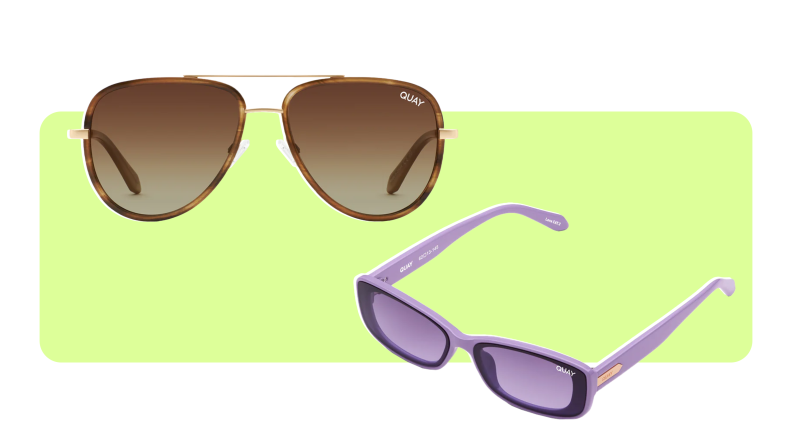 A pair of aviators and a pair of thin purple sunglasses.